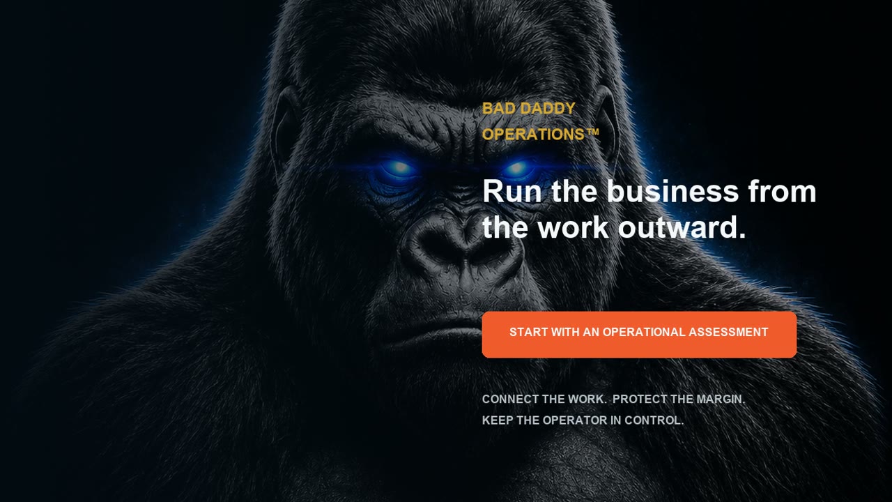 Opening frame of the film: the Silverback gorilla in dark relief beside the line “Run the business from the work outward.”